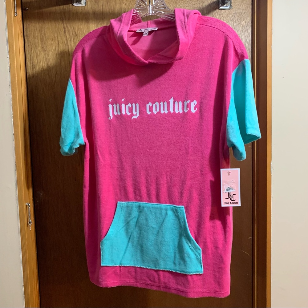 Women’s XS JUICY COUTURE Shocking Pink SS Terrycloth Tunic Hoodie Gothic Logo
